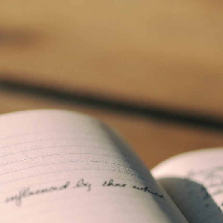 Open journal with handwritten notes and a fountain pen