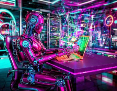 Neon pink robot typing on a laptop in a futuristic room