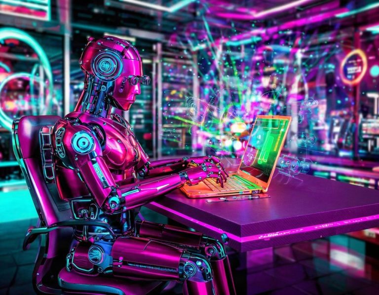Neon pink robot typing on a laptop in a futuristic room