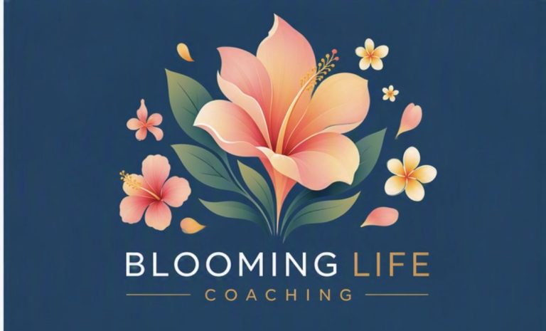 Blooming Life Coaching logo with pink tropical flowers