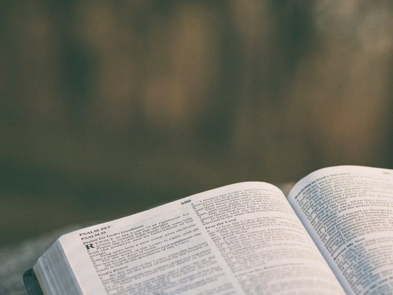 Open Bible resting on a rock outdoors