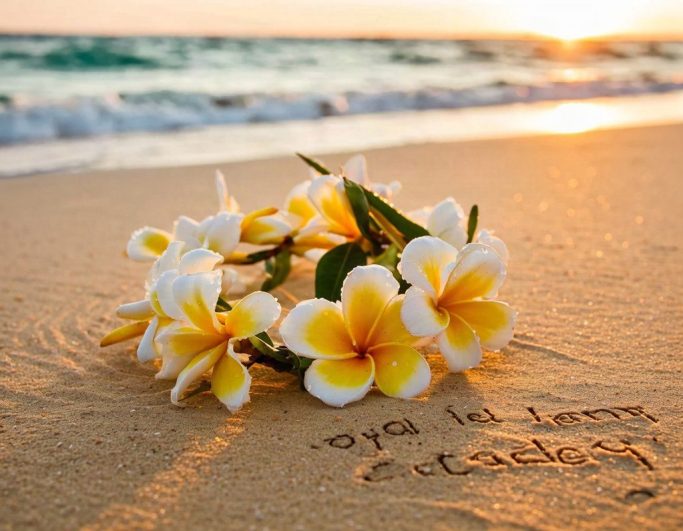 Plumeria flowers on the beach with Royal Lei Academy written in the sand
