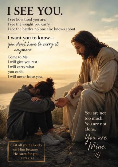 I See You: Jesus comforting a grieving woman, with 1 Peter 5:7