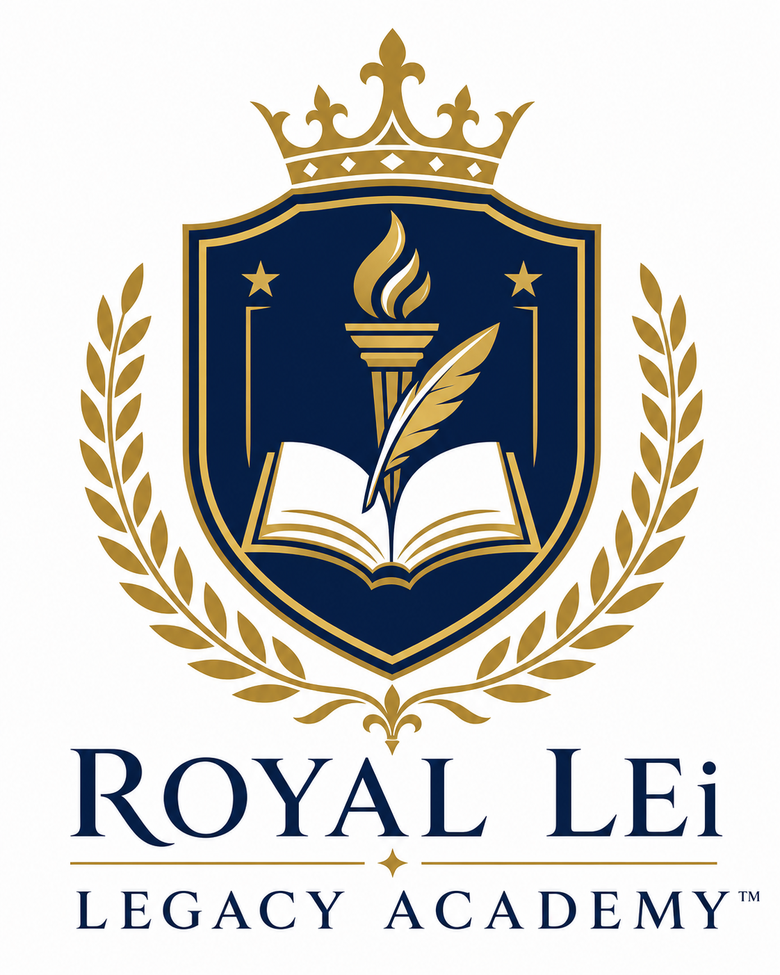 Royal Lei Legacy Academy crest logo with crown, torch and book