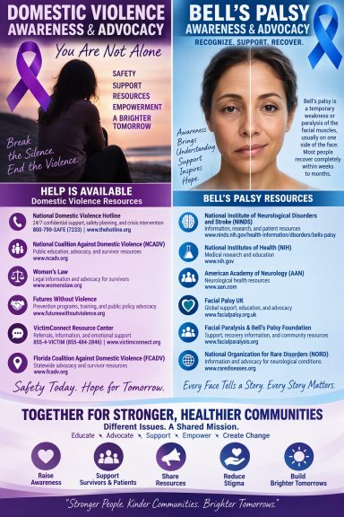 Domestic violence and Bell's palsy awareness resource flyer
