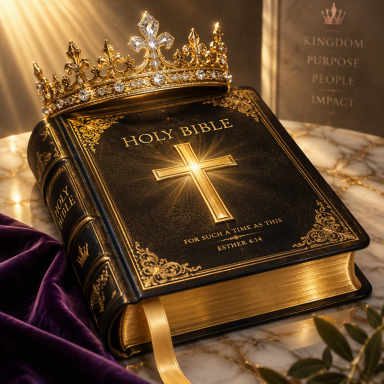 bible Holy Bible with a gold crown and cross, Esther 4:14