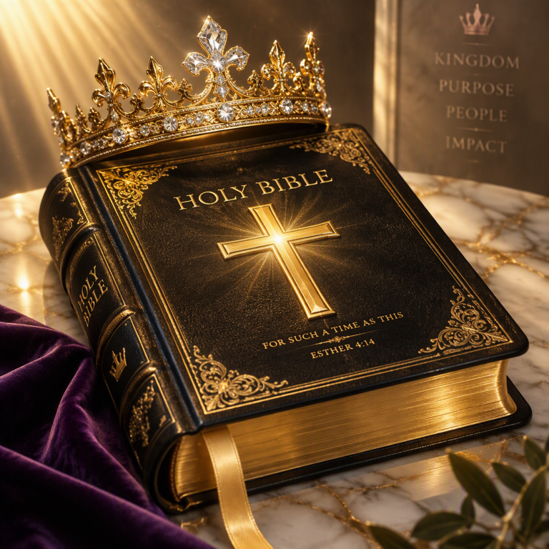 Holy Bible with a gold crown and cross, Esther 4:14