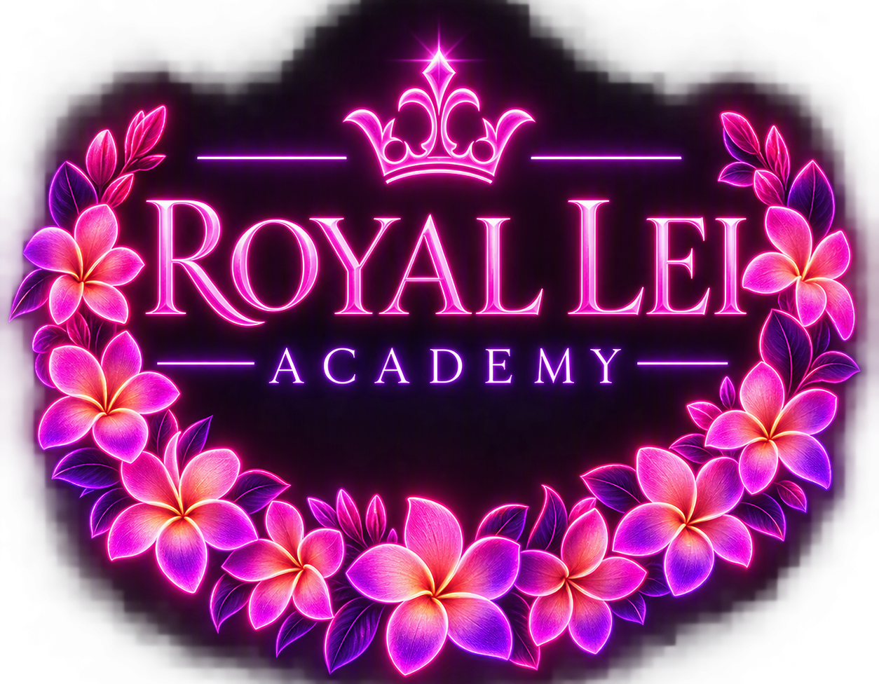 Royal Lei Academy neon logo framed by a pink plumeria lei